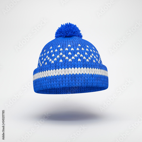 Blue hat with a pattern floating on a gray background, 3d render