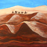 Landscape in the desert. Far away camel caravan sets off. Relaxing sand, blue sky, clouds, sunset. Yellow Dunes, beige mountains, rocks. Beautiful painting in oil, acrylic, watercolor. New Modern art