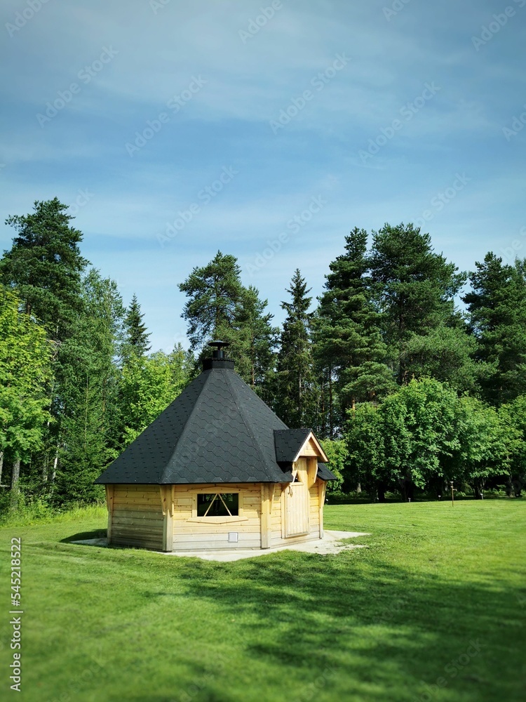 Beautiful bbq hut on a natural background on a sunny day, Oulu, Finland