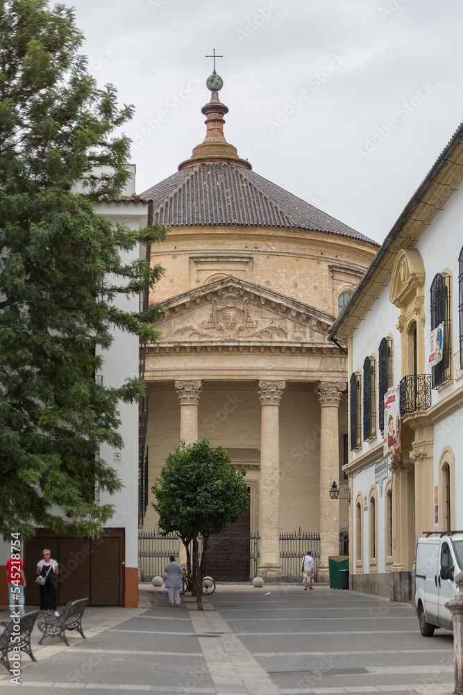 Exterior main facade view at the Church of Santa Victoria of Córdoba, or Iglesia del Colegio de Santa Victoria, an iconic spanish neoclassical building, Córdoba city