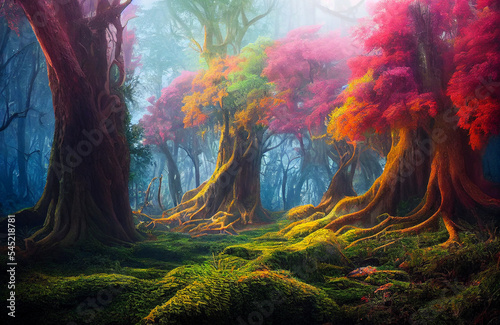 Magical forest in summer, beautiful nature scenery, colorful trees and roots, The scene of beautiful forest in a magical natural environment.
