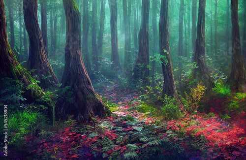 Magical forest in summer, beautiful nature scenery, colorful trees and roots, The scene of beautiful forest in a magical natural environment. 