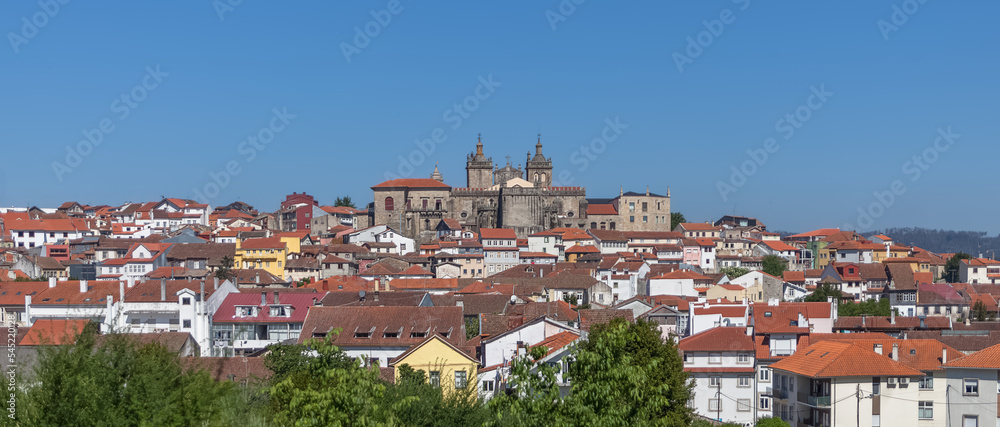 Panoramic main view at the downtown Viseu city, with iconic building at the Cathedral of Viseu on top, Se Cathedral de Viseu, and portuguese typical old center city