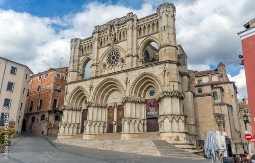 Front main facade view at the gothic classic building at the Cuenca Cathedral, an earliest Spanish examples of Gothic architecture, on Cuenca city downtown © Miguel Almeida