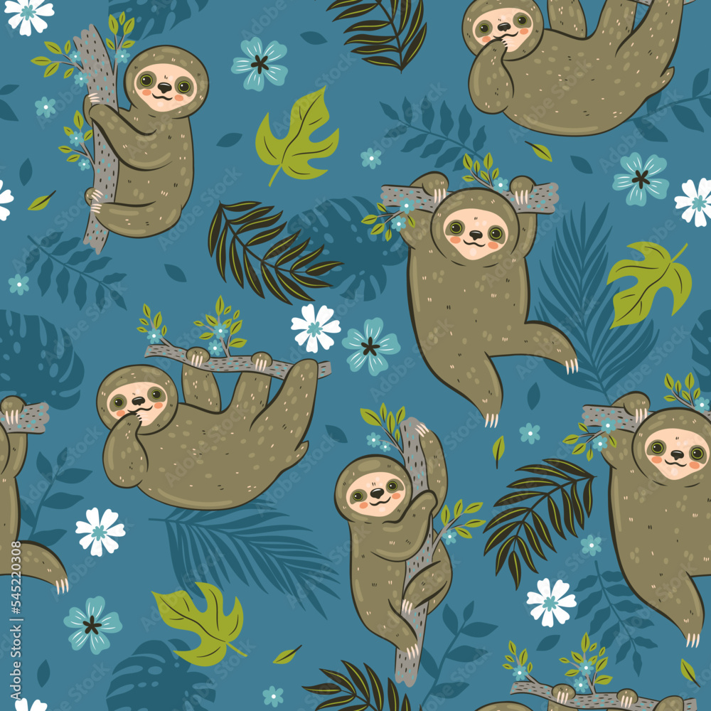 Obraz premium Seamless pattern with sloths and tropical leaves. Vector graphics.