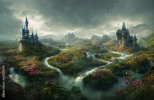 Fantasy land full of castles, towers and beautiful colorful scenery of a fairytale