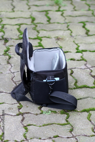 Camera bag on the ground