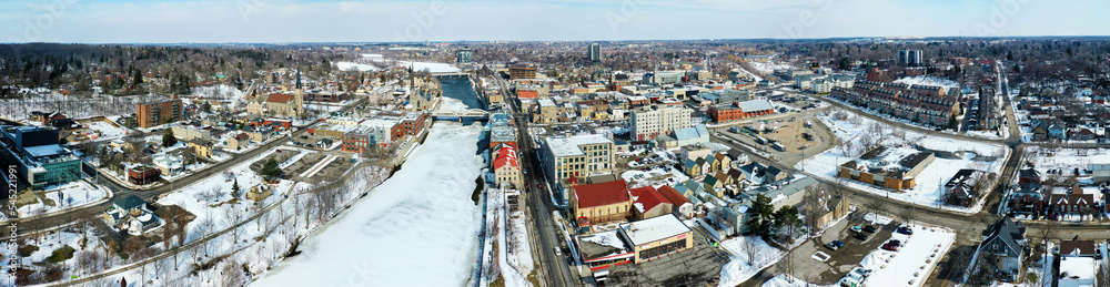 Aerial panorama view of Cambridge, Ontario, Canada in winter