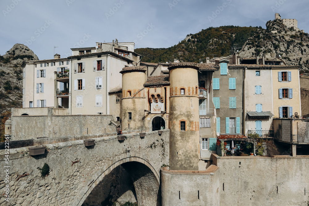 Entrevaux, France - 30.10.2022 : View of the entrance to the medieval town of Entrevaux on an autumn day