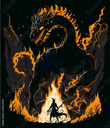 Illustration of a warrior standing confronting a dragon in the flames, the fighting in dark night, fire black dragon versus a hunter in the jungle