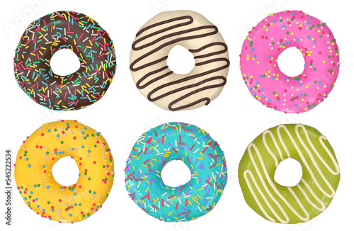 Collection of donuts top view with chocolate, pink, white, yellow, green glaze and multicolored sprinkles, 3d render