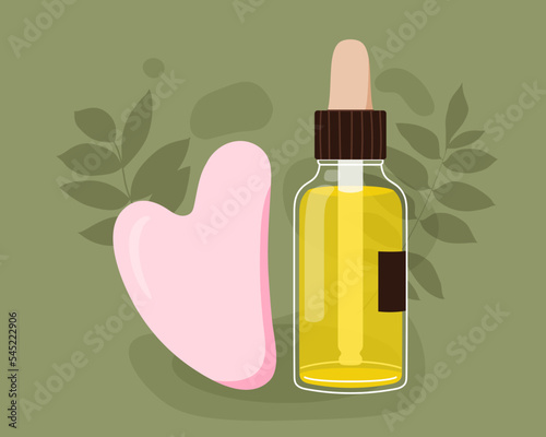 Massage kit: gua sha massager and face oil for beauty procedure. Skin care concept. Daily skin care routine and hygiene concept. Flat  vector illustration.