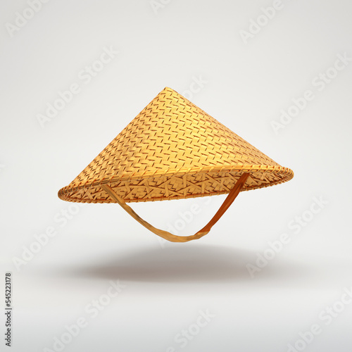 Golden bamboo hat with ribbon floating on a gray background, 3d render