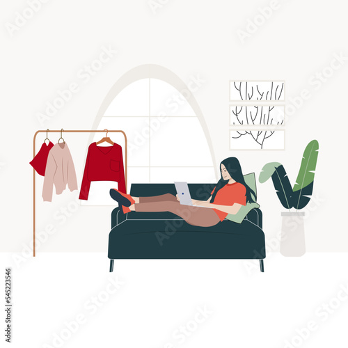 Stay at home banner. The girl works at the computer, sitting on a bag with beans epidemic, quarantine, freelancer, work at home, distance learning, online, blogger.