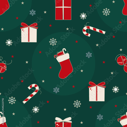 Christmas seamless pattern with gift boxes, candy cane, bell and xmas stocking in flat design	