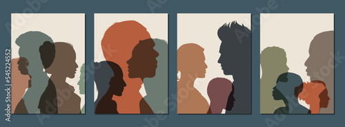 Heads faces colored silhouettes multicultural and multiethnic diversity male and female in profile