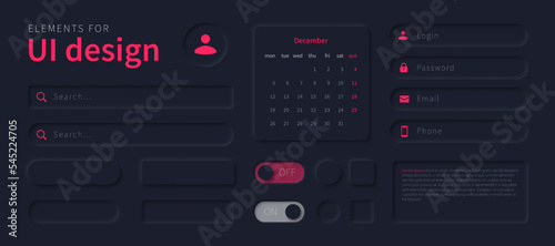 UI elements design for use in mobile app, website, software. User interface design in style neumorphism. Neomorphic ui design kit, buttons, search bars, calendar. photo