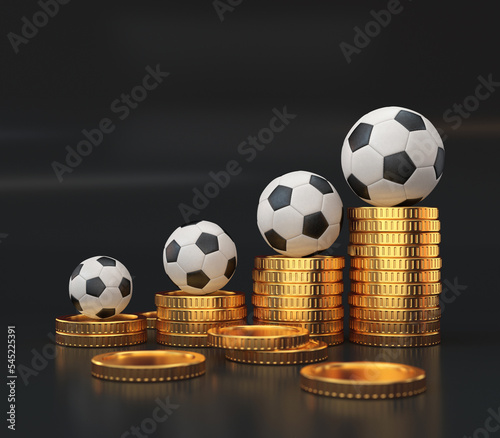 Soccer balls and stacks of gold coins, growth concept, 3d rendering