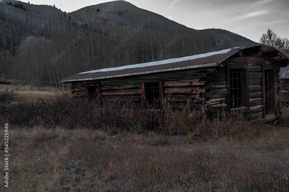 Closeup shot of old abandoned wooden huts in the field in Ashcroft Ghost Town, USA