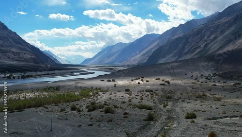 Aerial view of shyok river, part of the silk road, northern of Leh, Ladakh, Jammu and Kashmir, India. photo