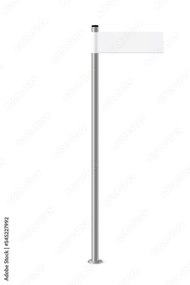 3d road pointer with sign on metal pole vector illustration. Realistic isolated street signboard with empty white right plate to point direction, information about ways to destination - obrazy, fototapety, plakaty 