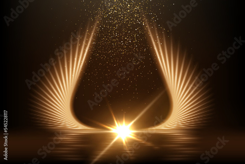 Gold light wings with star glowing on black background. Yellow bright flare lines shining vector illustration. Flash of light with ray beams and shade. Motion flow effects with blur.