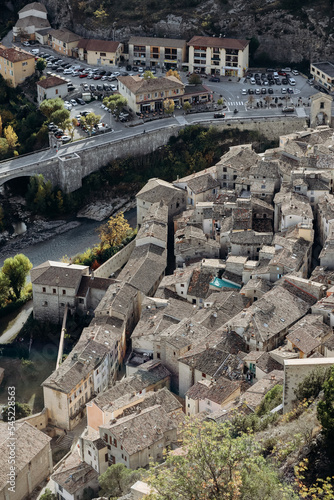 Entrevaux, France - 30.10.2022 : View of the medieval town of Entrevaux from the citadel on the mountain