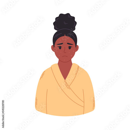 Black woman with problem skin, acne, spots. Skincare, facial care and dermatology. Hand drawn vector illustration