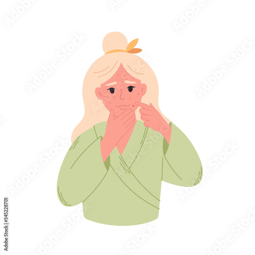 Woman with problem skin, acne, spots. Woman presses pimples. Skincare, facial care and dermatology. Hand drawn vector illustration