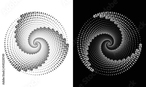 Abstract  digits ONE and ZERO in spiral over black and white background. Big data concept, icon logo or tattoo. The numbers 1 and 0 alternate with each other in order.