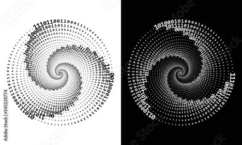 Abstract numbers one and zero in a spiral over a black and white backgrounds. Big data concept, logo icon or tattoo. The numbers 1 and 0 alternate randomly.