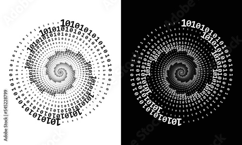 Abstract digits ONE and ZERO in spiral over black and white background. Big data concept, icon logo or tattoo. The numbers 1 and 0 alternate with each other in order.