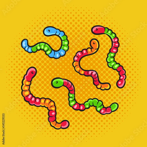 gummy chewy worms candies pinup pop art retro vector illustration. Comic book style imitation.