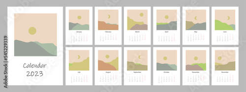 Calendar 2023 year template. Vertical design with abstract boho landscape. Editable illustration page template A4, A3, set of 12 months with cover. Vector mesh. Week starts on Monday.