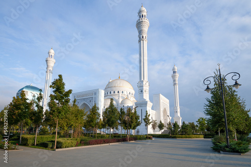 View of the "Pride of Muslims" (Prophet Muhammad) mosque on a September morning. Shali, Chechen Republic. Russian Federation