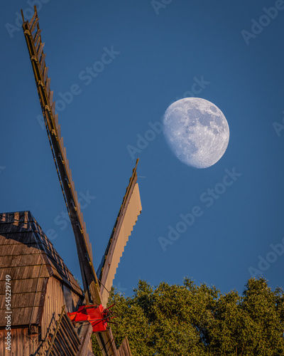 Bockwindmühle Museumsdorf Bad Düben mit zunehmendem Mond, Dübener Heide photo