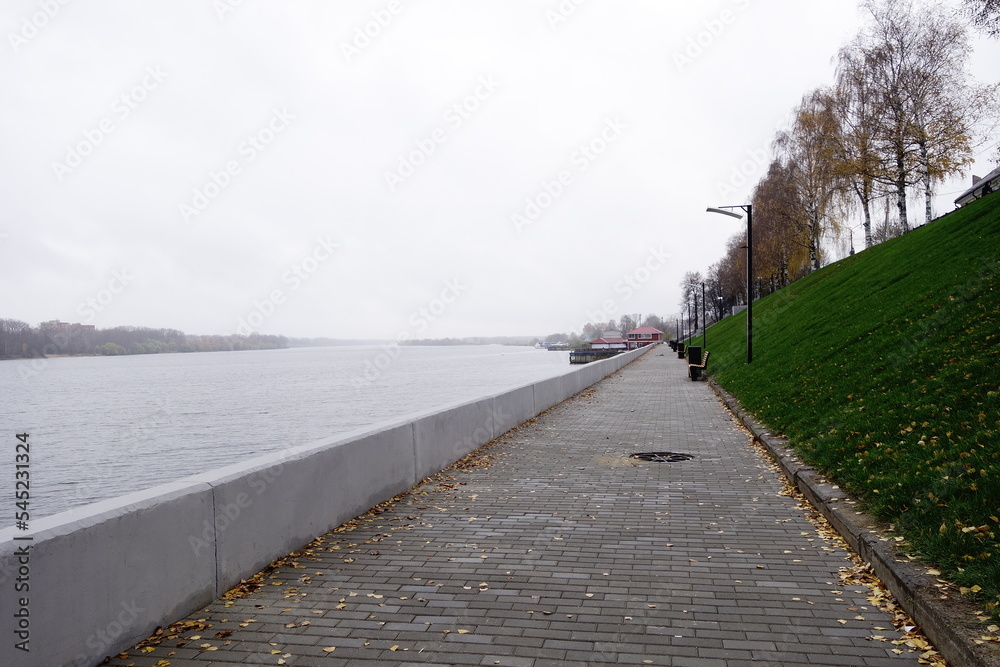 On the embankment of river Volga at Kimry, Russia, in October on a cloudy day