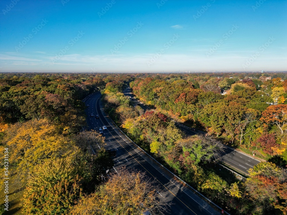 Aerial view of autumn trees along an asphalt road on a sunny day on Long Island, NY