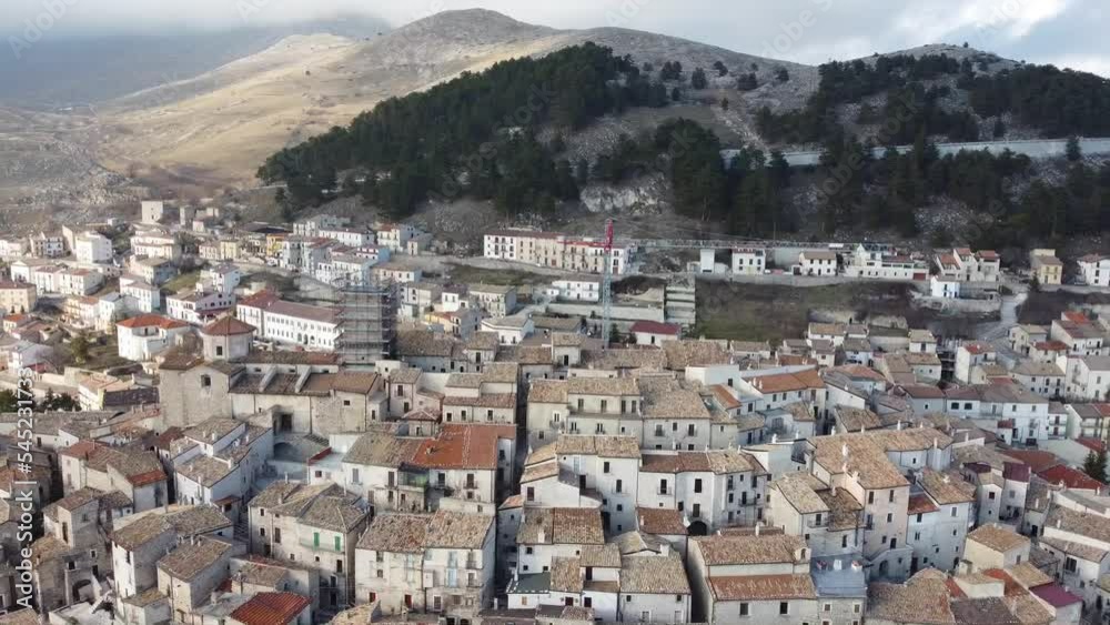 Aerial view of the buildings and houses on top of the hill