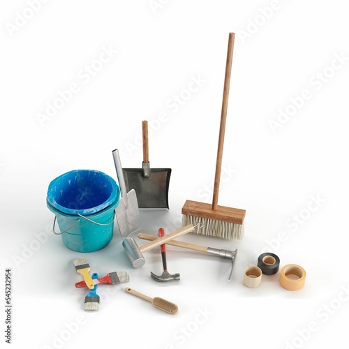 3D render of a bunch of cleaning equipment isolated on a white background