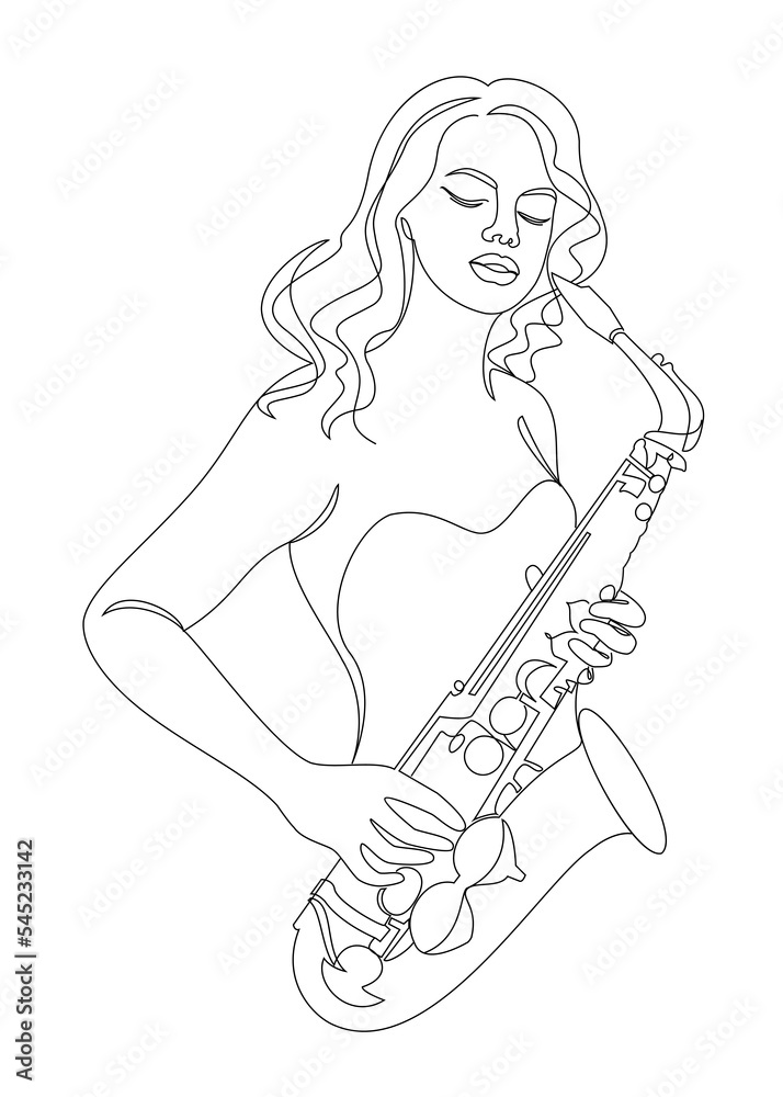 Fototapeta premium Silhouette of beautiful woman playing saxophone in continuous line modern style. Saxophonist girl, slim. Aesthetic decor sketches, posters, stickers, logo. set of vector illustrations.