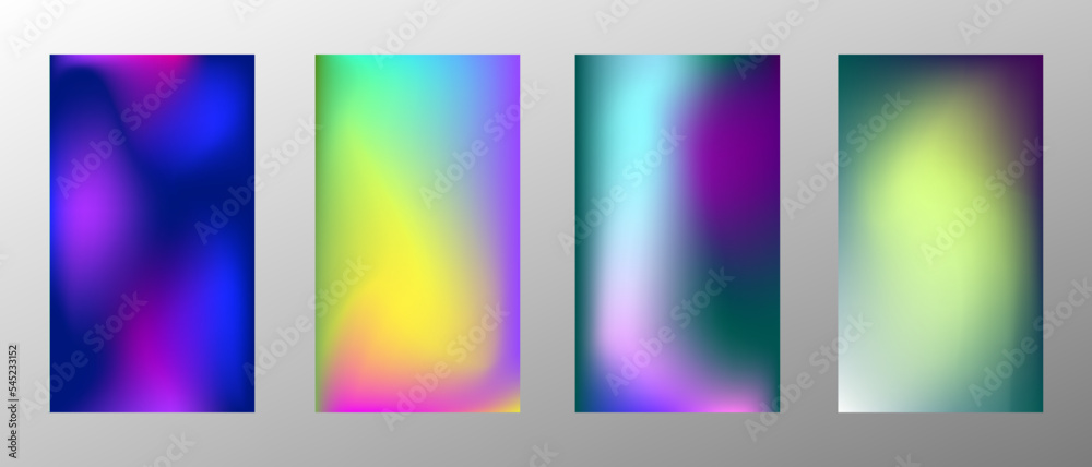 Abstract bright gradient background. Set of 4 backgrounds. Creative modern vector illustration. Holographic spectrum for coating.