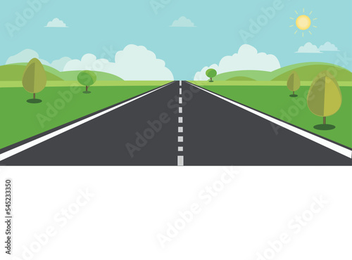 Road on the background of the natural landscape. Asphalt highway with markings in the countryside., road in the clouds concept