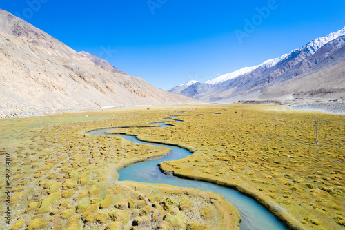 Landscape aerial view of mountains with river and green valley in Himalayas with blue sky in Nubra valley, Jammu and Kashmir, India.  photo