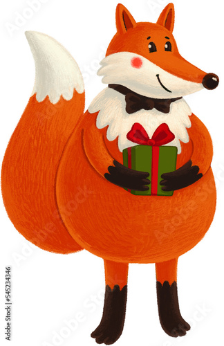 Christmas collection. Christmas cute fox with gift box, isolated