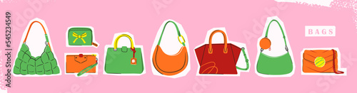 Set of various colorful female bags. Womens handbag, cross body, tote, shopper, hobo, clutch, wallet, purse. Fashion fake leather accessories. Hand drawn trendy Vector illustration. Isolated stickers