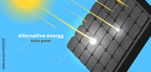 Solar pannels vector 3d illustration with battery and sun rays