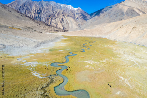 Landscape aerial view of mountains with river and green valley in Himalayas with blue sky in Nubra valley, Jammu and Kashmir, India. 