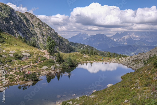 Fototapeta Naklejka Na Ścianę i Meble -  View of Spiegelsee [Mirror lake] as seen on the trial from Rippetegg summit back to Rieteralm, Schladming, Styria, Austria