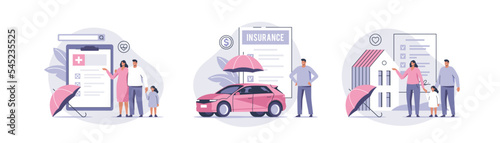 Health, car or house property insurance. Care about family life, assurance protection. Car and house safety. Vector illustration.